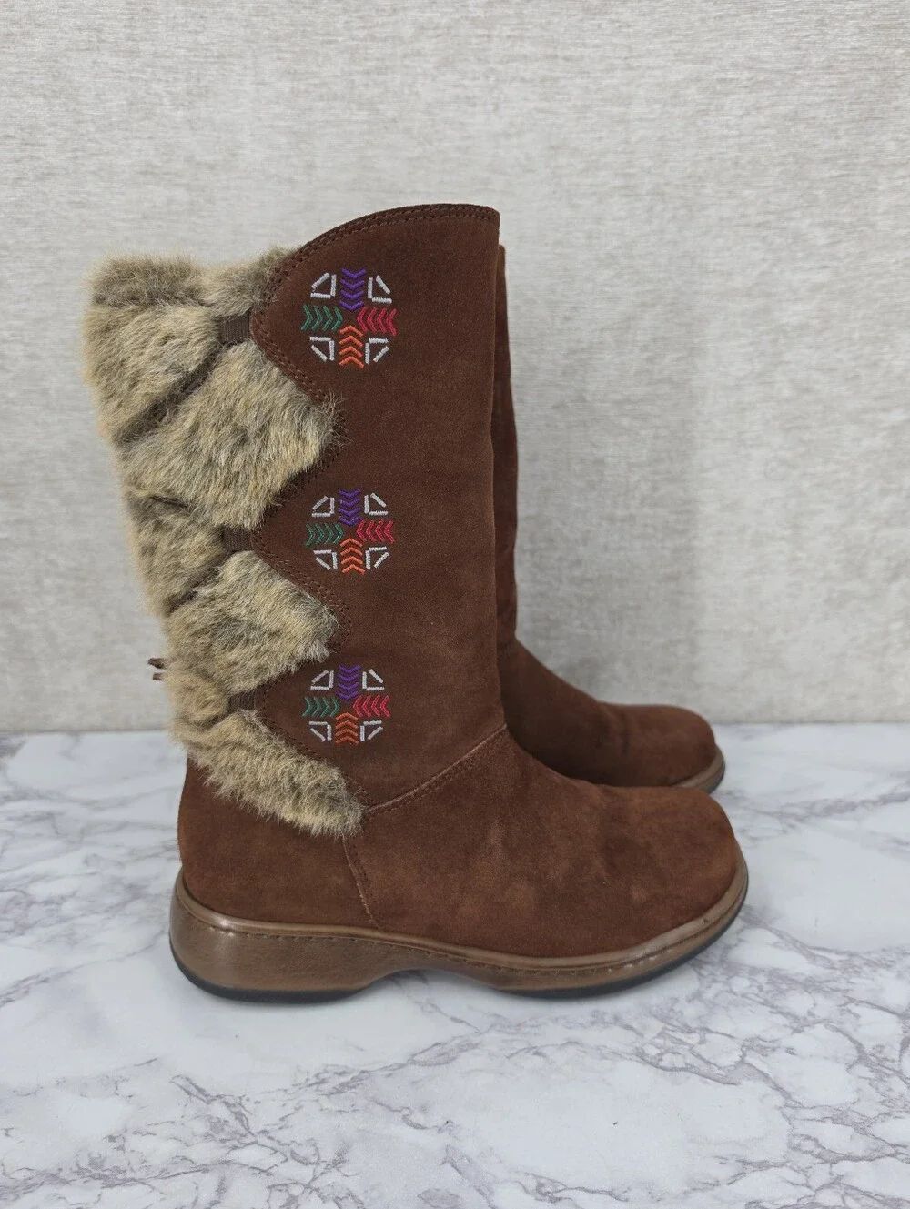 Dansko Fyodora Boot Brown Suede Mid-calf Winter Boots Faux Fur Boho Embroidered